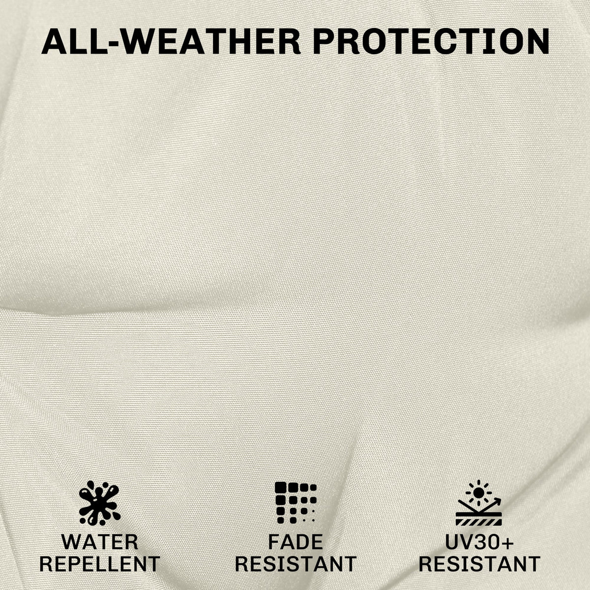 Cream white outdoor seat cushions with water, fade and UV protection icons