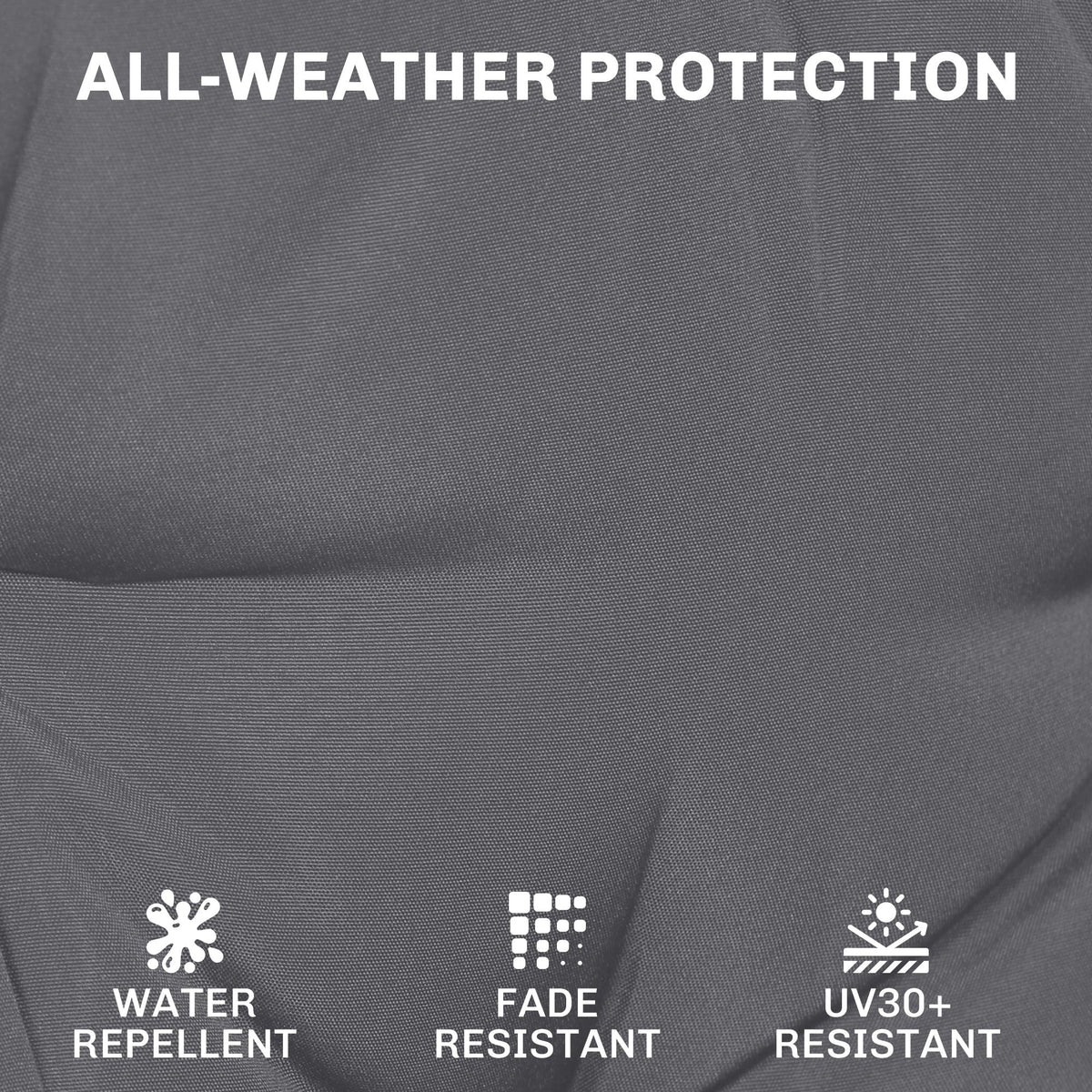 Close up of dark grey outdoor chair seat cushion fabric showing water repellent and fade resistant icons