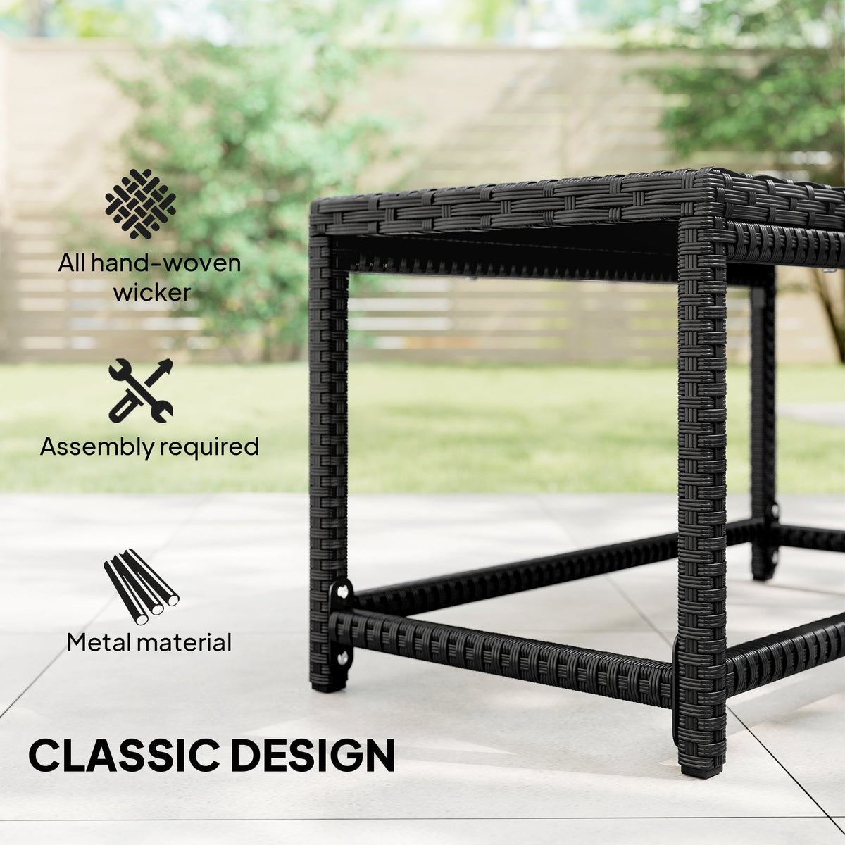 The garden table corner showing the woven texture and metal frame construction