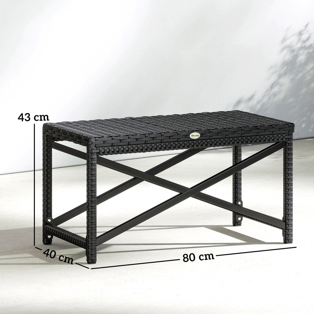 Black outdoor coffee table with dimensions shown, featuring an X-shape frame