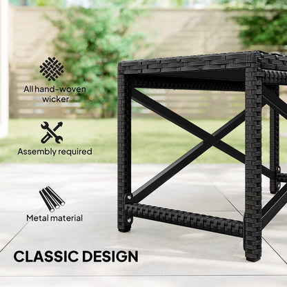 Close up of the garden table showing the metal frame and woven detail