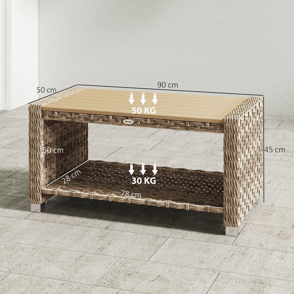 Diagram showing the dimensions of the light brown PE rattan coffee table with storage shelf