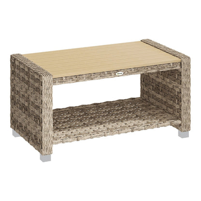 Outsunny Outdoor Coffee Table with Storage Shelf, a light brown PE rattan coffee table with a slatted top and lower shelf