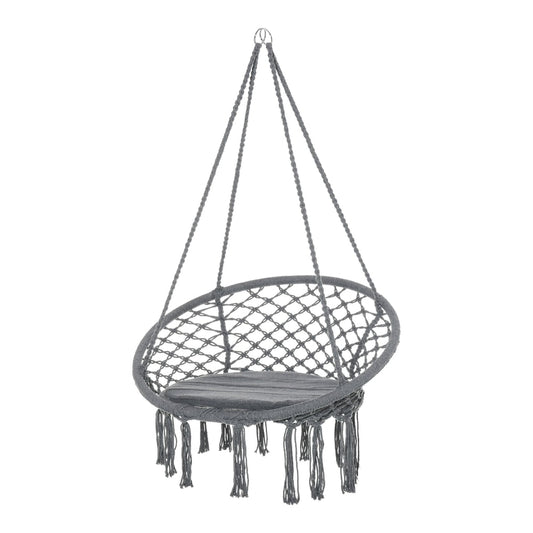 Outsunny Outdoor Cotton-Polyester Blend Macrame Hanging Rope Chair with grey cushion and fringe tassels