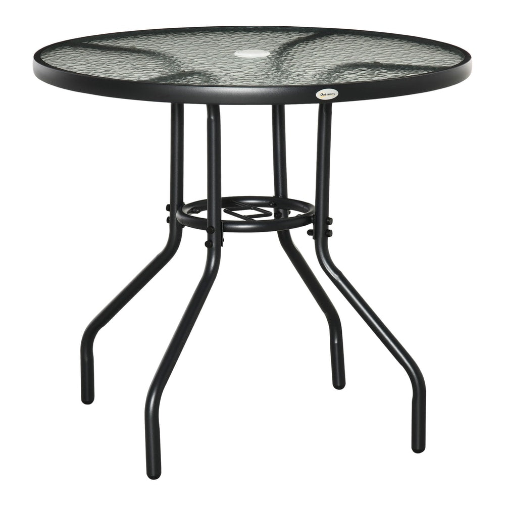 Outsunny Outdoor Round Dining Table with a black steel frame and a textured glass top