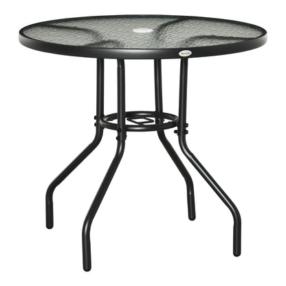 Outsunny Outdoor Round Dining Table with a black steel frame and a textured glass top