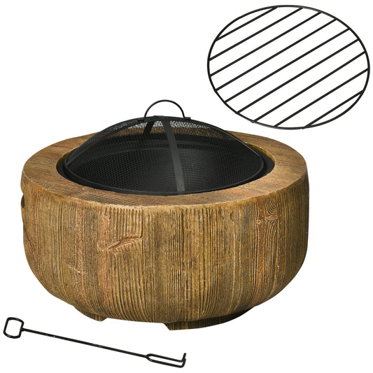 Outsunny Outdoor Fire Pit, a round metal fireplace with a woodgrain effect and a mesh spark cover