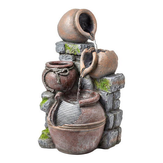 Outsunny Outdoor Fountain with 4-Tier Rustic Pots & Planter against a plain white background