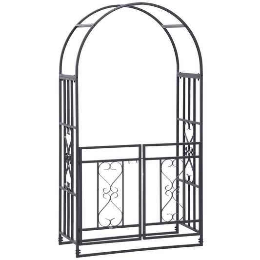 Outsunny Outdoor Garden Arch with Double Gates, a dark grey metal garden arch with decorative scrollwork and double gates