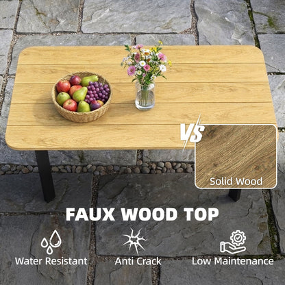The garden table top featuring a fruit bowl and vase with text highlighting material benefits