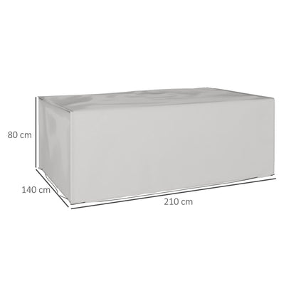 Dimensions of the grey rectangular patio furniture cover are shown