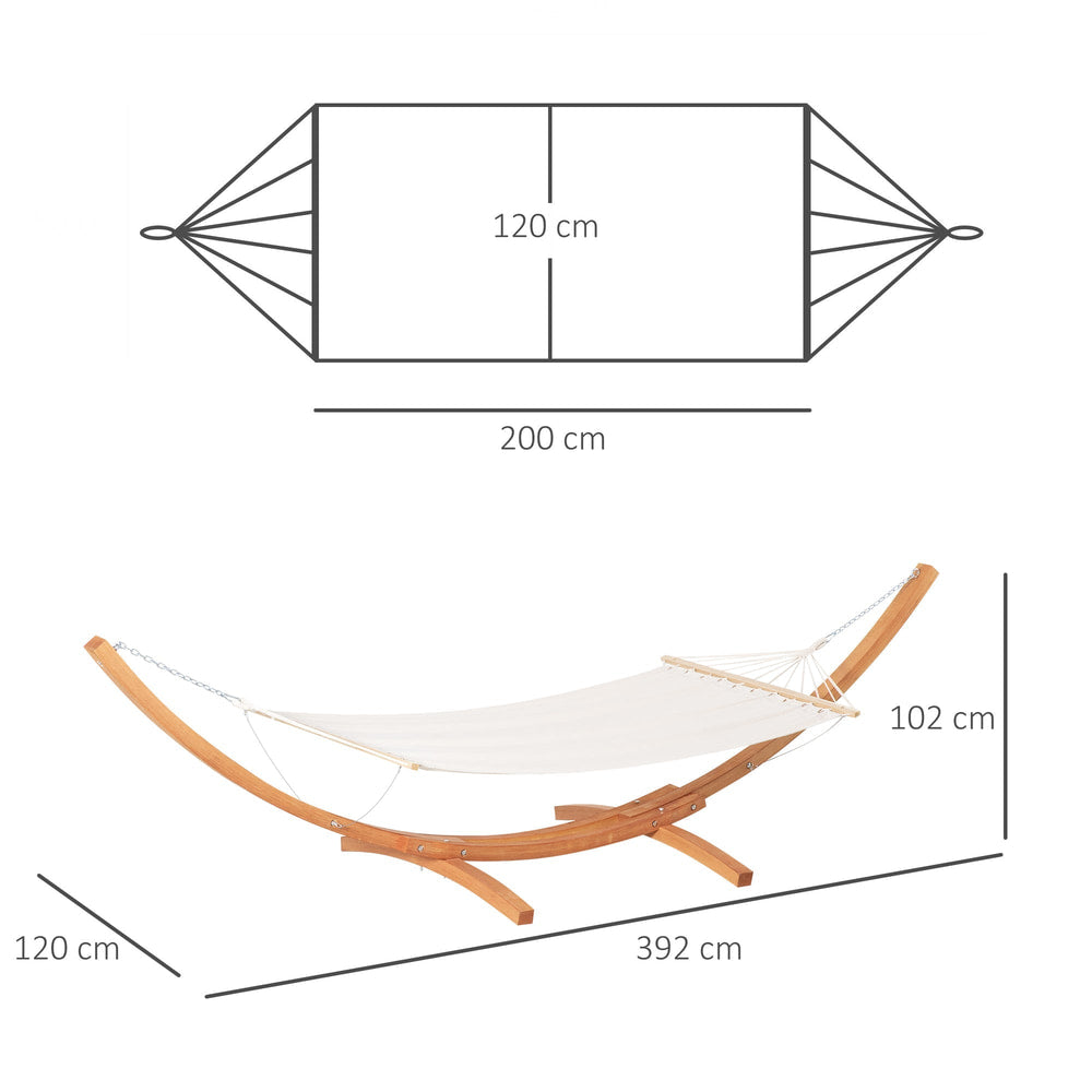 Diagram showing the dimensions of the wooden hammock stand and white fabric bed