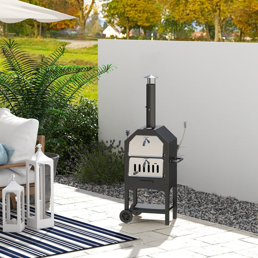 The charcoal grill standing on a patio next to garden furniture and white wall