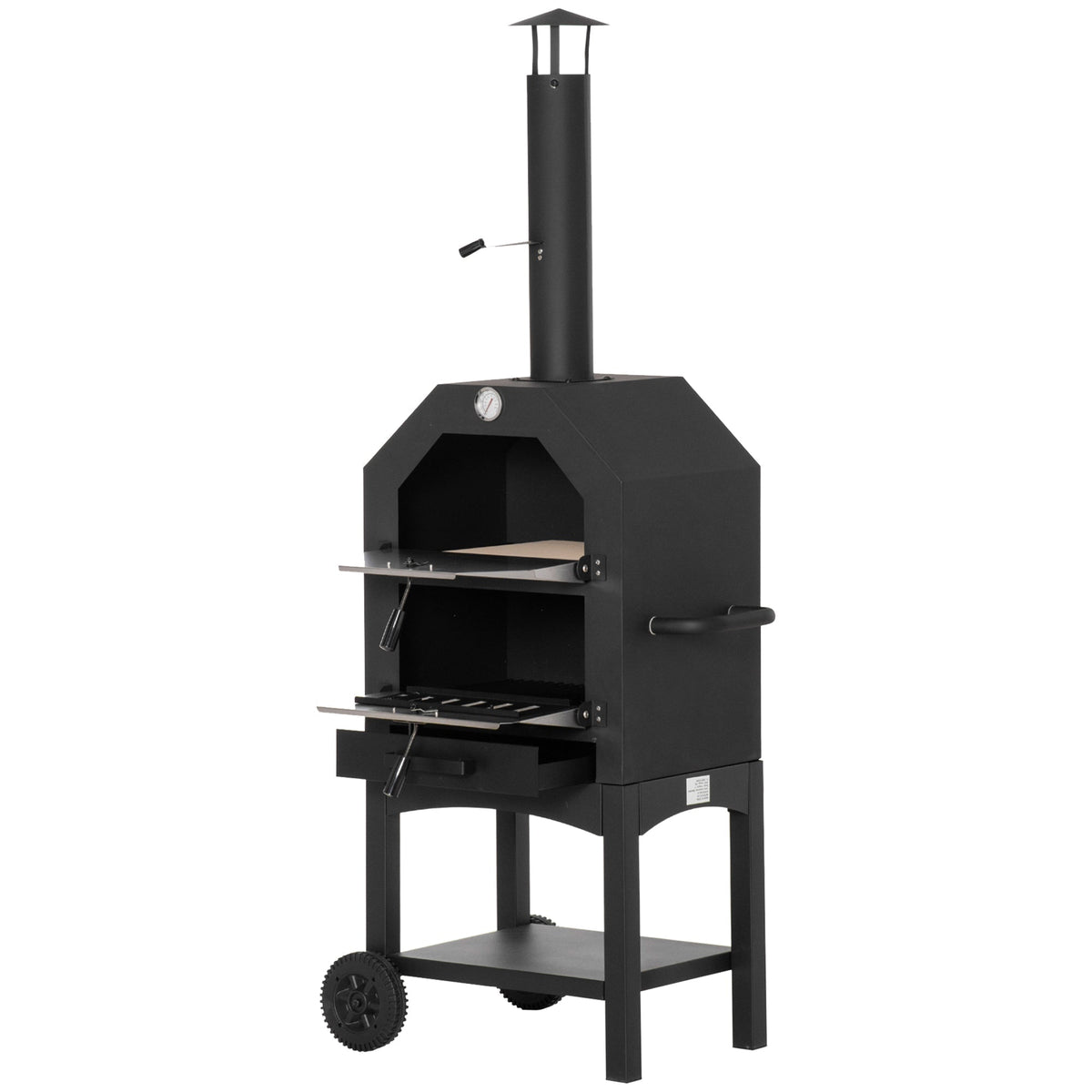 Outsunny Outdoor Garden Pizza Oven Charcoal BBQ with open doors and bottom storage shelf
