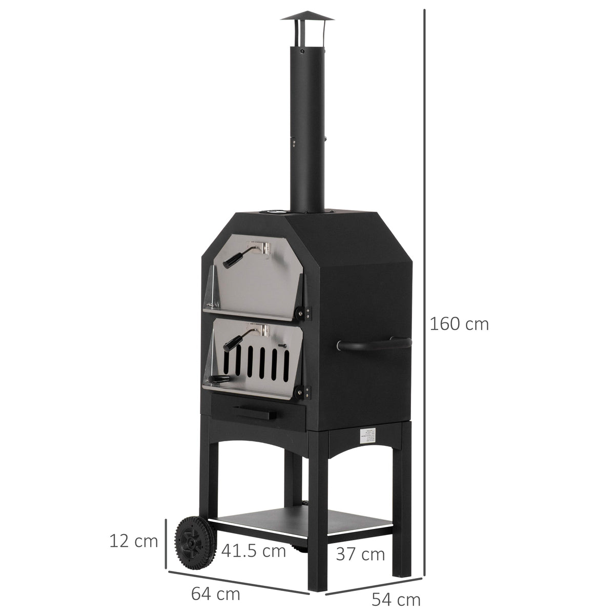 The charcoal grill showing height and width dimensions with lines and arrows