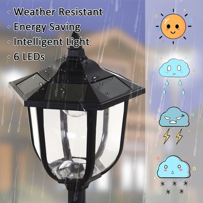 Close-up of the garden lighting lantern showing solar panels and LEDs, with weather icons