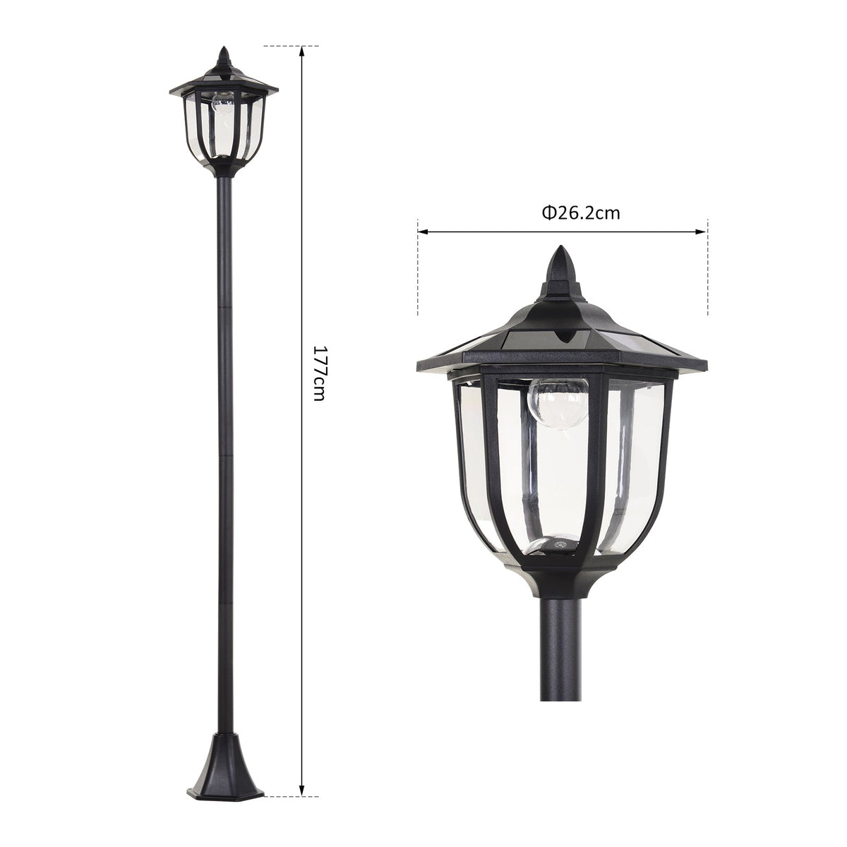 A diagram showing the dimensions of the garden lighting and a close-up of the lantern top