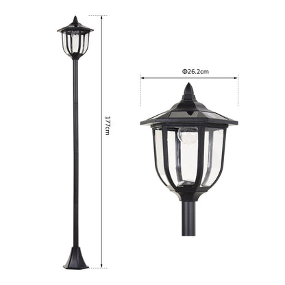 A diagram showing the dimensions of the garden lighting and a close-up of the lantern top