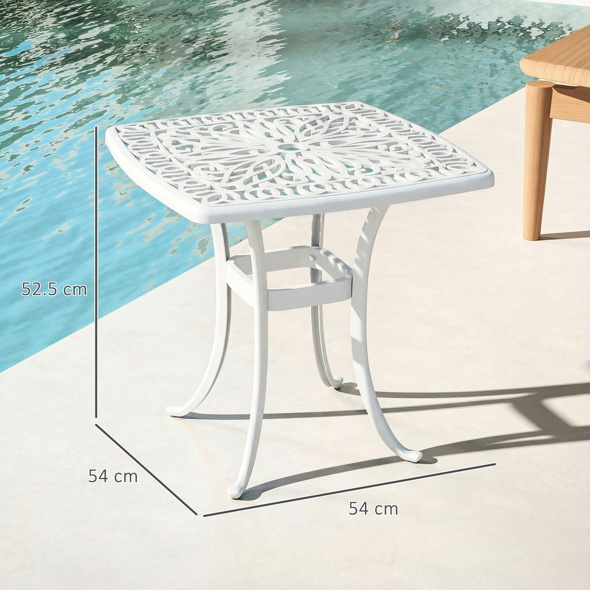 The garden table shown with dimension lines indicating its height and width