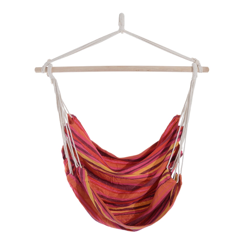 Outsunny Outdoor Hanging Rope Chair with Cotton Rope, a colourful striped hammock chair hanging from a wooden bar