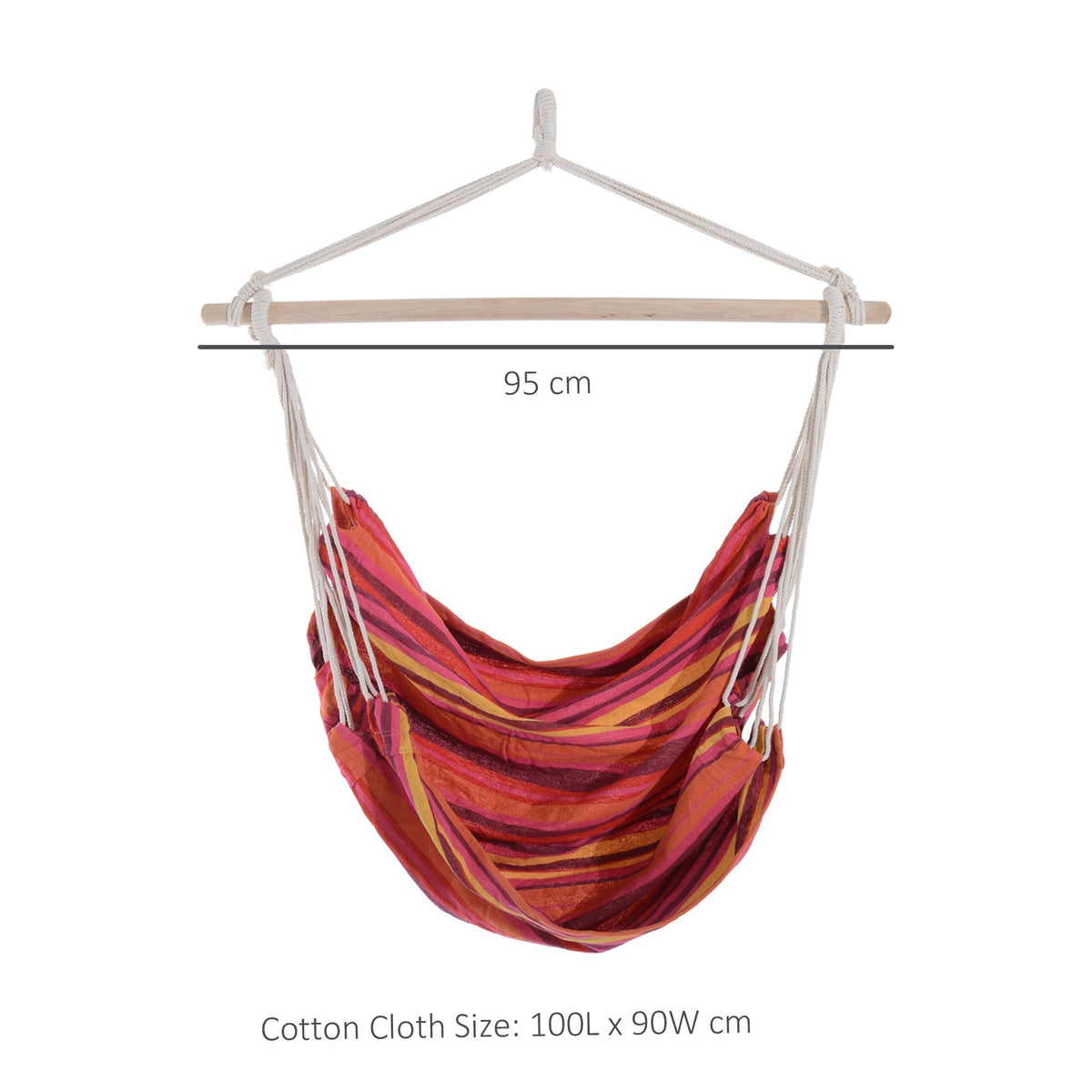 The hammock chair with a size diagram showing the wooden support bar width