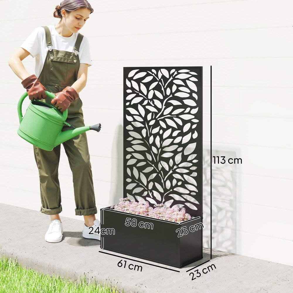 A woman waters the metal planter with trellis, showing its dimensions