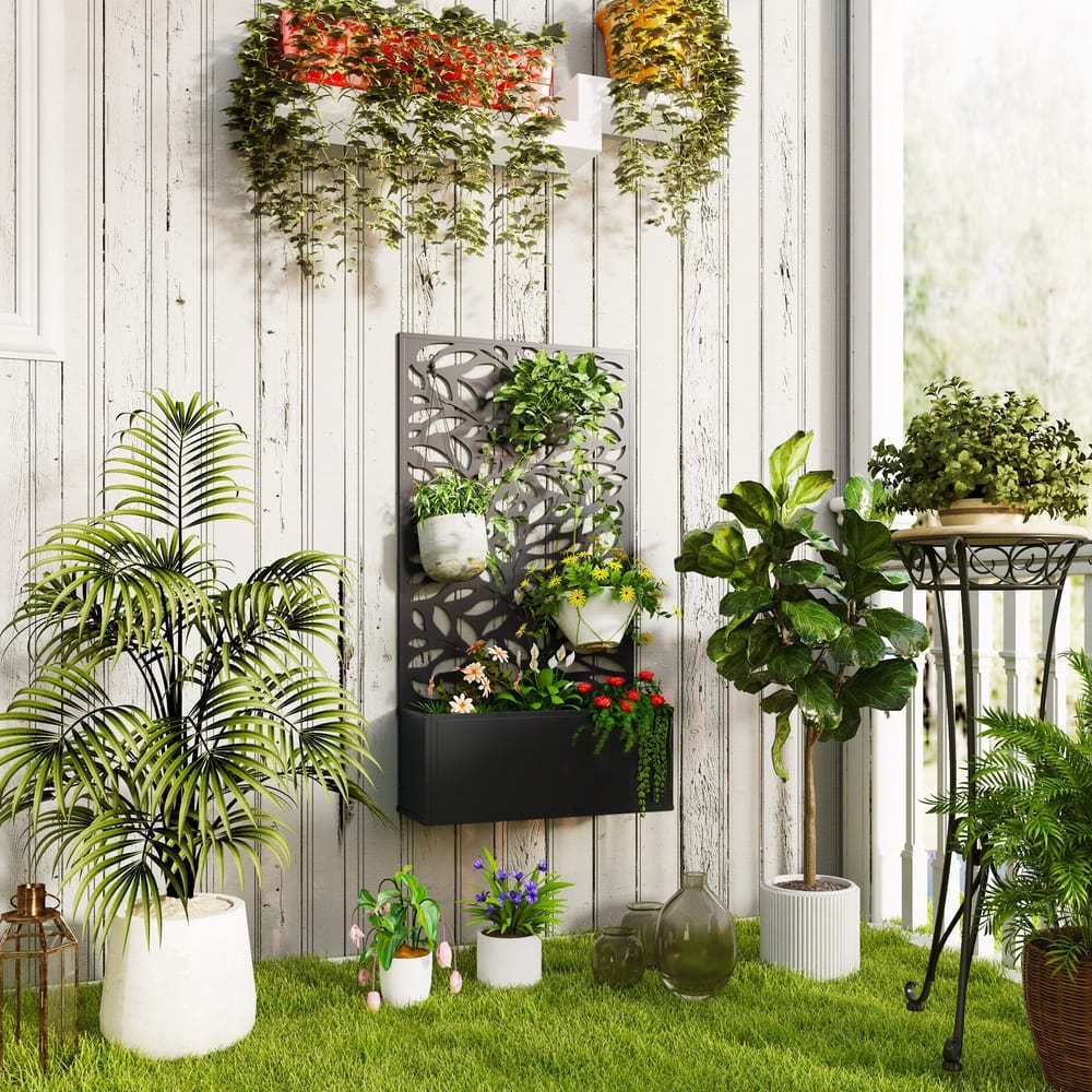 The metal planter with trellis is shown in a garden setting with various plants