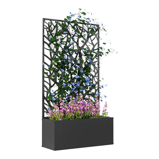Outsunny Outdoor Metal Planter with a decorative trellis back, filled with pink and blue flowers