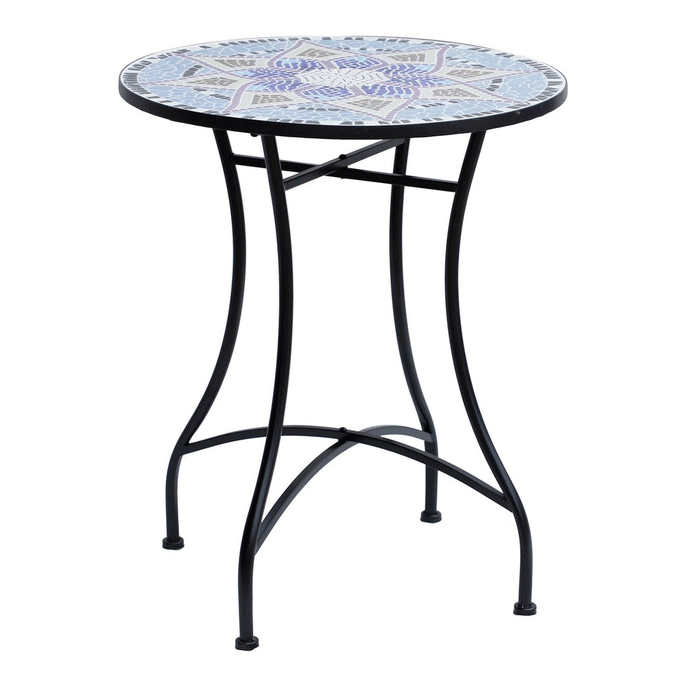 Outsunny Outdoor Mosaic Round Garden Table with a blue and white patterned ceramic top and black metal legs