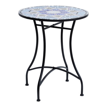 Outsunny Outdoor Mosaic Round Garden Table with a blue and white patterned ceramic top and black metal legs