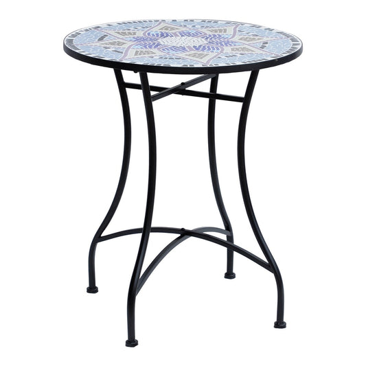 Outsunny Outdoor Mosaic Round Garden Table with a blue and white patterned ceramic top and black metal legs