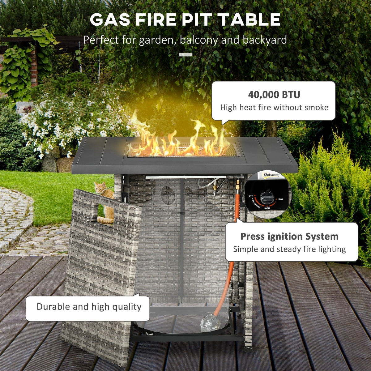 The gas fire pit showing the internal hose and burner structure with a cat sitting nearby