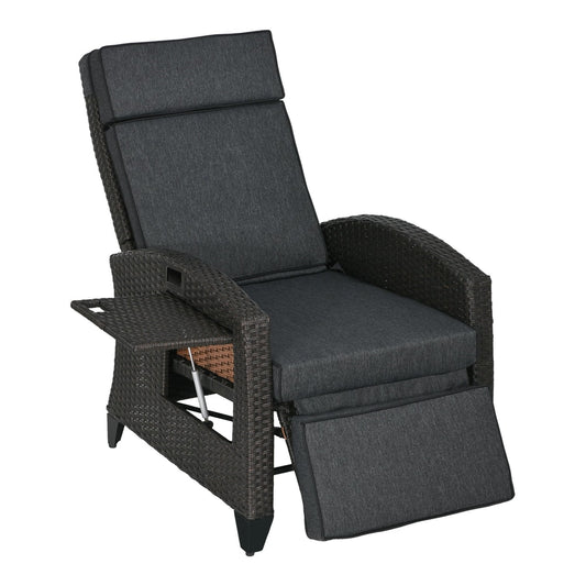 Outsunny Outdoor Recliner Chair with Adjustable Backrest and Footrest in dark grey with side tray