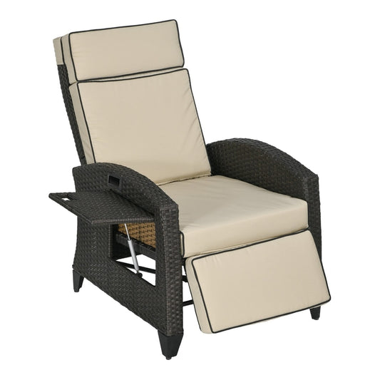 Outsunny Outdoor Recliner Chair with Adjustable Backrest and Footrest in khaki and brown wicker with cream cushions