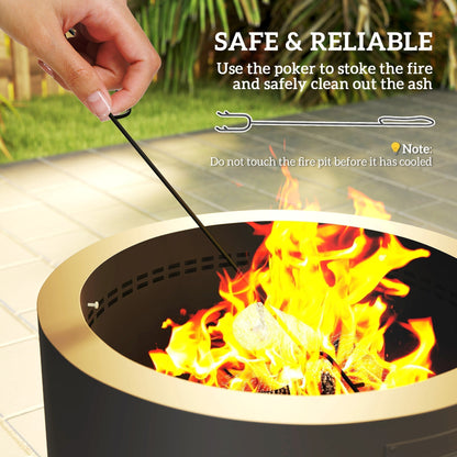a hand using the metal fire poker to stir the burning logs inside the round fire pit