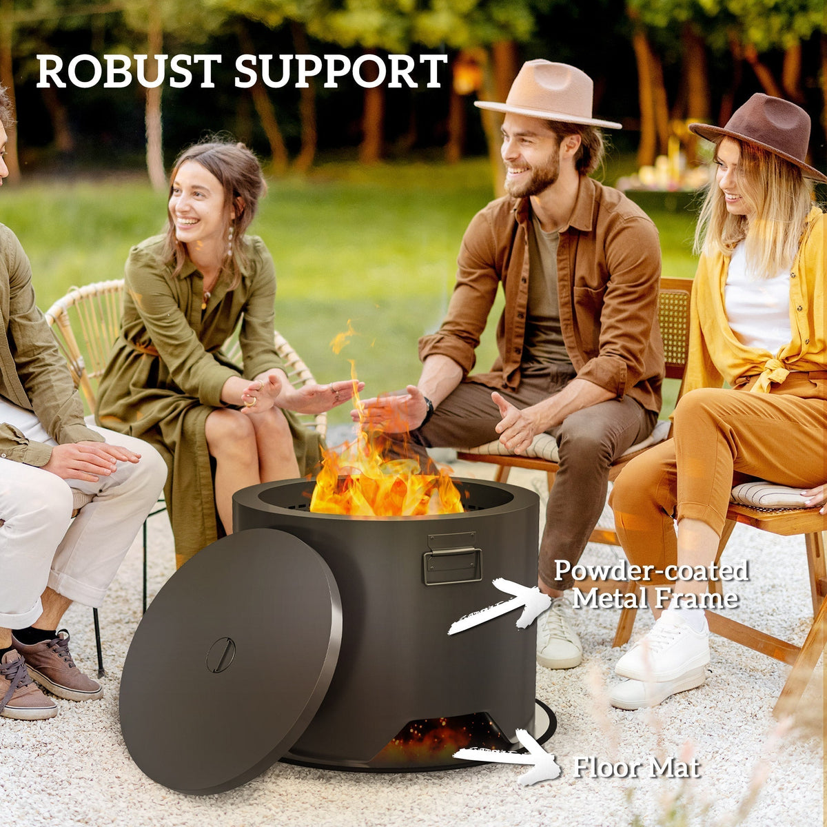 the round fire pit surrounded by people with arrows pointing to the metal frame and mat