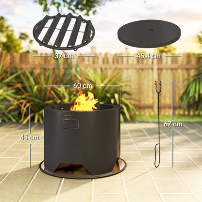 the round fire pit showing dimensions for the lid, grate, and main body structure