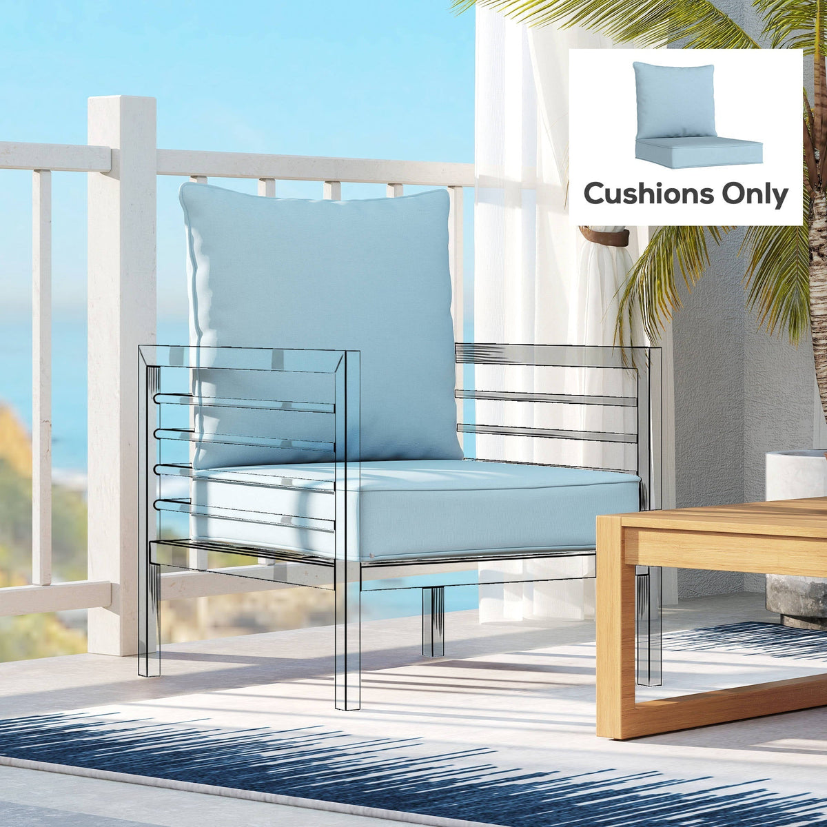 The patio deep seating chair cushions shown on a transparent outline of a chair on a balcony