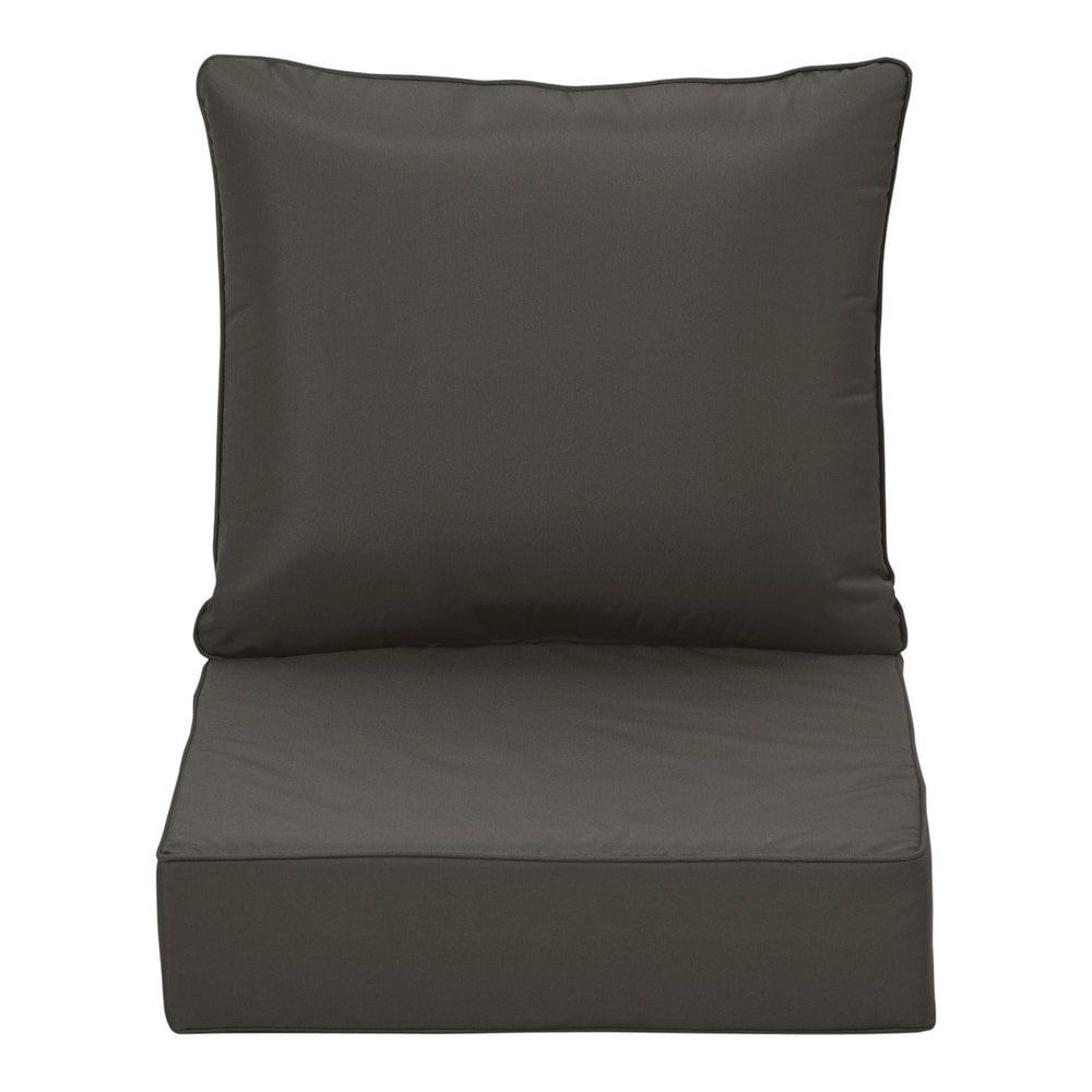 The dark grey outdoor seat and back cushions shown together