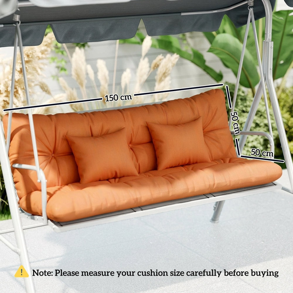 Orange outdoor seat cushions and two pillows on a 3-seater garden swing seat with size guides