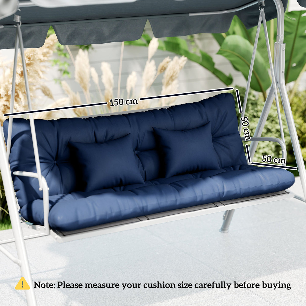 The dark blue seat and back cushions on a garden swing