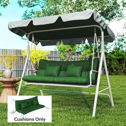 Green outdoor seat cushions and pillows on a garden swing seat, with a inset showing cushions only