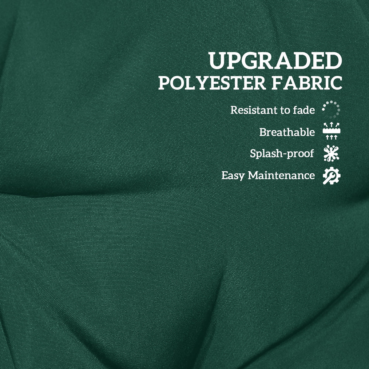 Close up of the green polyester fabric for the outdoor seat cushions, showing text about its features
