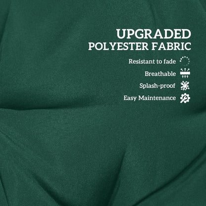 Close up of the green polyester fabric for the outdoor seat cushions, showing text about its features