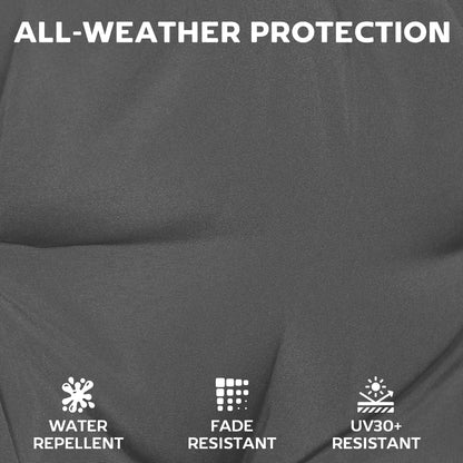 The garden seat pads fabric texture with icons showing water and fade resistance features