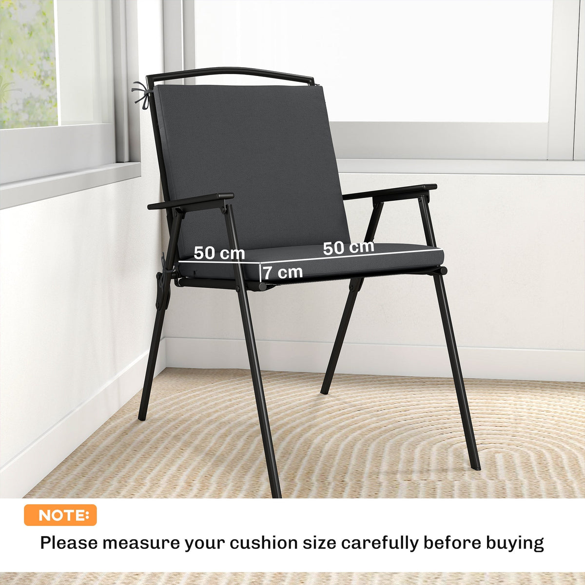 The garden seat pads shown on a chair with white dimension lines indicating the size