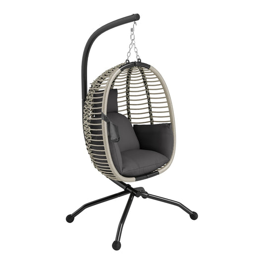 Outsunny Outdoor Swing Chair with Thick Padded Cushion, a dark grey egg-shaped hanging chair with a metal stand