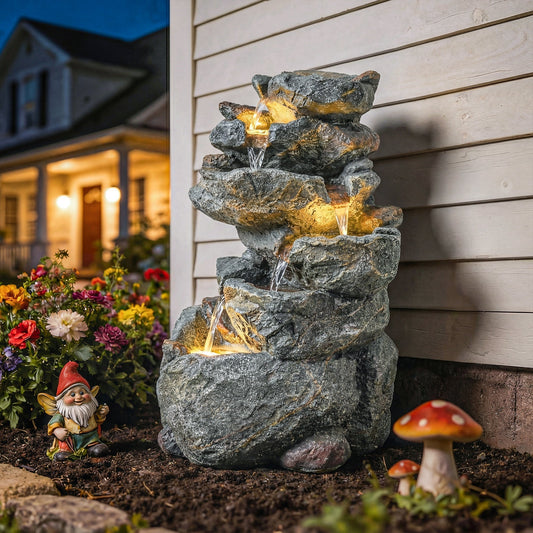 The garden fountain in use at dusk, with warm LED lights illuminating the cascading water and surrounding plants