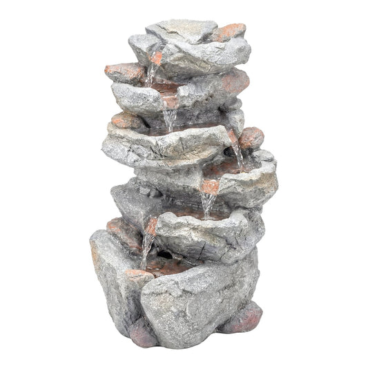 Outsunny Outdoor Water Fountain with 6-Tier Rock Style, a grey cascading waterfall feature with LED lights
