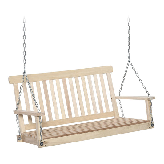 Outsunny Outdoor Wooden Swing Bench 2-Seater Porch Swing Chair Hanging Hammock Garden Furniture, Natural